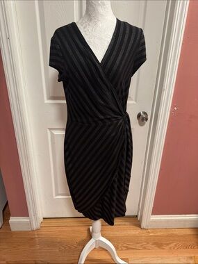 Cache Black Diagonal-Striped Wrap Midi Dress